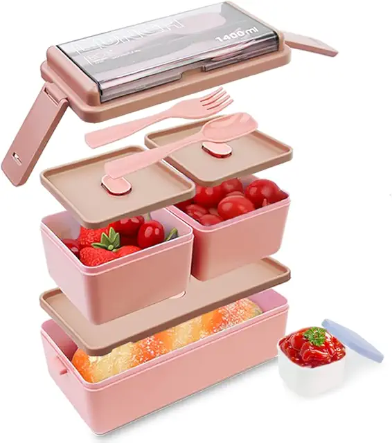 Floral Lunch Box: Bugucat Double Stackable Bento Container with Cutlery, Leak-Proof & BPA-Free