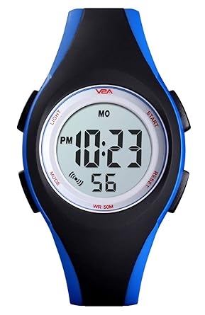 V2A 5ATM Waterproof Digital Kids Sports Watch with Luminous Alarm Stopwatch for Boys and Girls (White Dial Black and Blue Colored Strap)