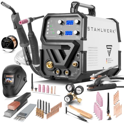STAHLWERK Schweißgerät 3 in 1 Kombi MTM-200 ST - Vollausstattung - Inverter mit 200 A, WIG, MIG MAG, MMA, synergischer Drahtvorschub, 4-Rollen-Antrieb, HF-Zündung, Fülldraht geeignet, Stahl, Dünnblech