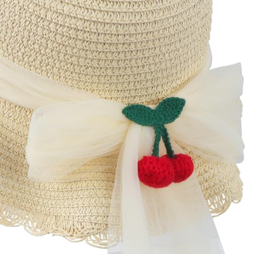 Strohhut Kinder Mädchen Kleinkind Sonnenhut Süßer Sommer Breite Krempe Strandhut Anti-UV Spitze Strandkappe Strand Hüte Rund Mütze Sommerhut mit Kirsche Dekoration Schleife für Urlaub Reise (Beige)