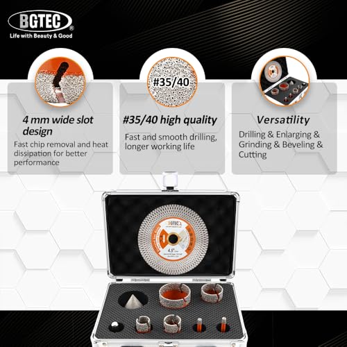 Image of BGTEC Diamond Hole Saw Kit - 9PCS 6 /6 /20 /25 /35 /50mm Drill Bits + 50mm Chamfering Bit + Adaptor + 115mm Tile Blade for Porcelain Tile Ceramic Granite Marble Stoneware