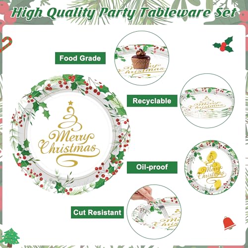 QZYL 96 Pcs Christmas Plates and Napkins Sets, Disposable 9" and 7" Merry Christmas Plates Sets Serves 24, Paper Green Gold Xmas Dinnerware Set Party Supplies for Xmas Winter Dinner Dessert Party – Image 4