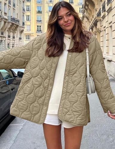 Flygo Women's Oversized Quilted Lightweight Jacket Button Down Puffer Padded Outerwear with Pocket