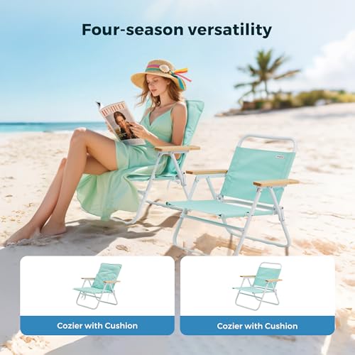 SUNNYFEEL Silla de Playa Plegable con Reposabrazos de Madera y Cojín, Silla Ligera para Camping, Jardín y Exterior, Verde Menta miniatura 4