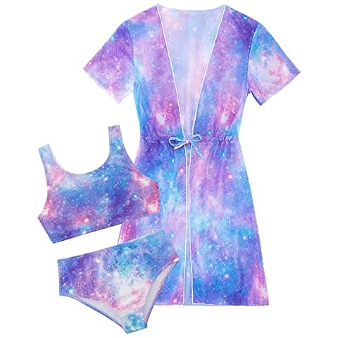 AIDEAONE Girl's 3 Piece Bikini Set Size 11-12 Purple Galaxy Print Bathing Suits Cute Beach Swimsuit with Cover Up Cover