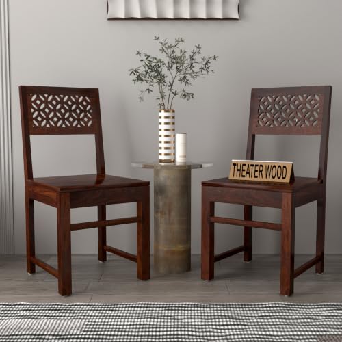 Image of Solid Sheesham Wood Dining Chair Set of 2 | Wooden Dining Chairs with Cutwork Backrest | Modern Dining Room Chair for Home, Kitchen & Restaurant | Premium Honey Finish