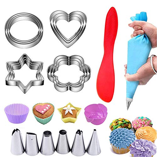 Cake Decorating Supplies Kits for Beginners with Baking Cups Pastry Piping Bags Cookie Cutters Reusable Coupler Nozzles Spatula, Kids Cookie Decorating Kit Kids Baking Sets - 26pcs