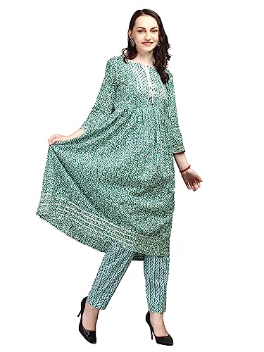 Image of Women's Green 100% Pure Cotton Flared Kurta Pant Set With Big Size Dupatta