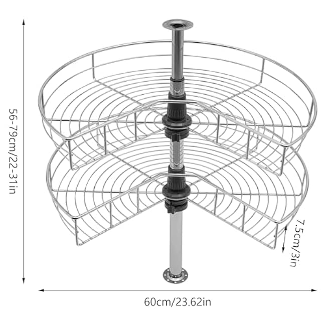 24inch Kidney Chrome, 2-Shelf Lazy Susan Kitchen Base Cabinet Corner Organizer Rack, 360¡ã Rotating Storage Shelf Rack, Adjustable Height, for Kitchen Cabinet Blind Corner Storage, Silver