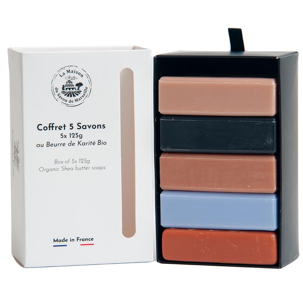 La Maison du Savon de Marseille - French Soaps - 5 x 125g Bars - Organic Shea Butter Moisturising Skincare Mens Gift Set - Masculine Fragrances - Musk - Cedar Wood - Oud Wood - Tonic - Opium