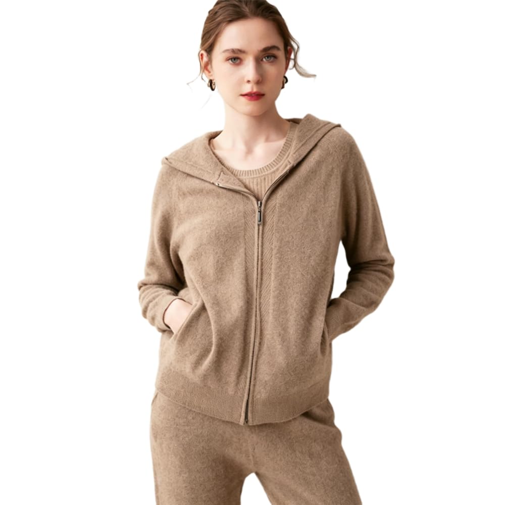 Women's 100% Cashmere Zipper Open Long Sleeve Hoodie