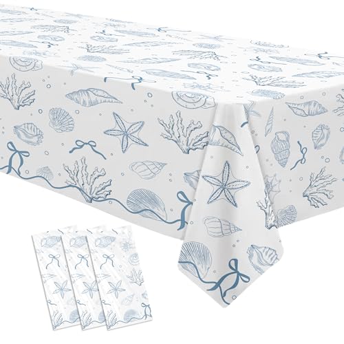 HOAKWA Ocean Seashell Party Decorations Tablecloth 3 Pcs Beach Coastal Last Toast on the Coast Bachelorette Supplies Table Cover for Summer Birthday Bridal Shower Disposable 55in x 86in