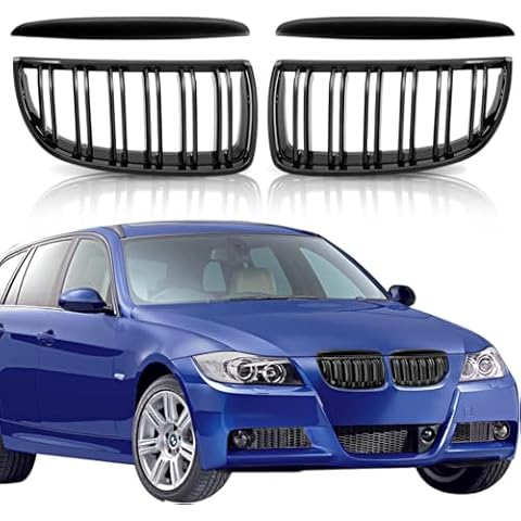 KVR Fit for E90 Front Grille, Gloss Black Double Line Kidney Grill Compatible with 3 Series E90 318i 320i 323i 325i 328i 328xi 330i 335i 335xi 2005-2008, 4PCS Grille Insert Trims Cover
