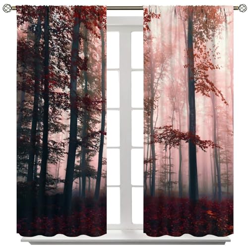 AAVEUP Forest Blackout Curtains for Kids,Watercolour Green Misty Nature Pine Tree Tree Forest Botanical Landscape Window Drapes for Boys Girls Bedroom Living Room Kitchen 52x96in