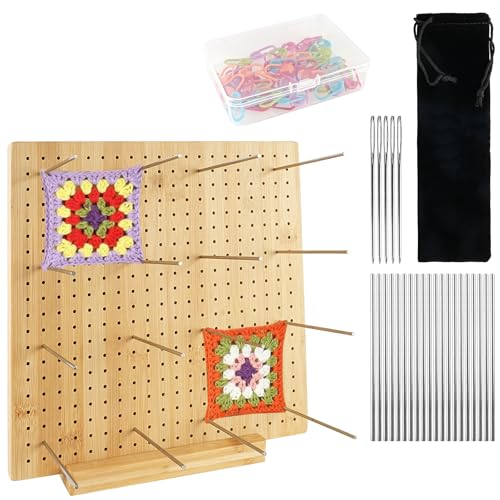 Crochet Blocking Board Granny Square Blocking Board Wooden Crochet Blocker Knitting Blocking Board with 20 Steel Pins 5 Large Eye Needle Storage Box Storage bag 30 Stitch Marker Gifts for Mothers
