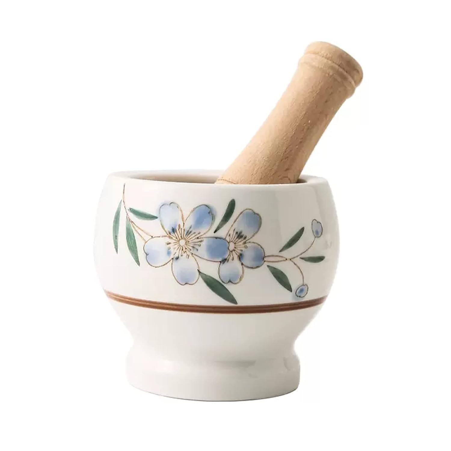Keramik-Mörser- und Stößel-Set, Suribachi-Schüssel, Steinmühle, Blumenmuster, Weiß(Small)