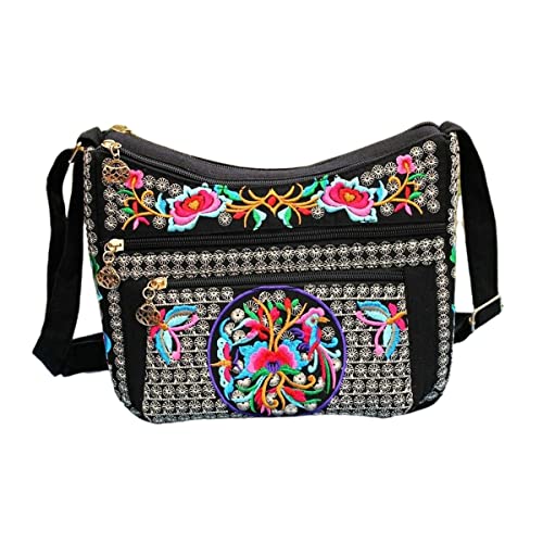 Women's canvas vintage handicraft embroidery cross bag, women's multi pocket purse small shoulder bag handbag