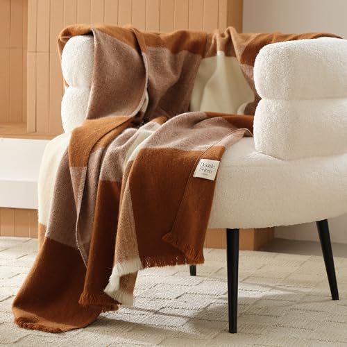 Double Stitch Alpaca Wool Throw Blanket - Warm, Soft Blanket for Couch, Luxury & Decorative Fleece Throw, Fall Plaid, Gift for Mother's Day, House Warming, 50' x 60', Harvest Brown & Cream