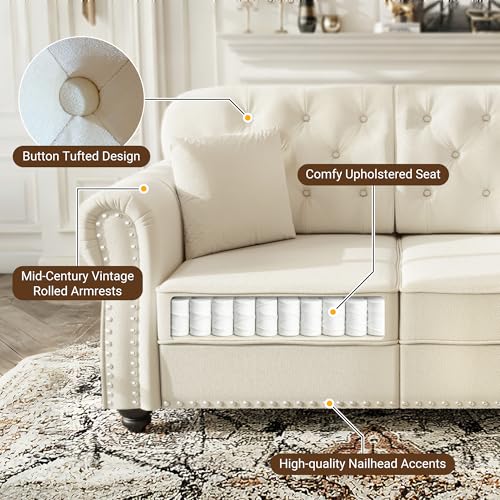 Image of KEIKI 2-Piece Chesterfield Sofa Set with 1 Velvet 3-Seater Sofa & 1 Loveseat Sofa, Upholstered 5-Seater Couch Set with Nailhead Trim & Rolled Arms & 1 Ottoman & 5 Pillow, for Living Room, White
