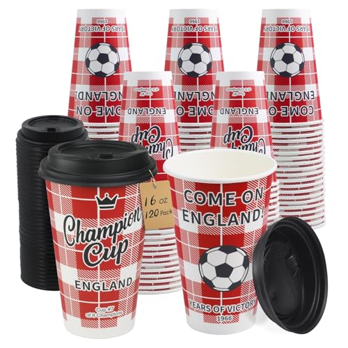 Sowinvent 16 oz Champion Cup A Salute To England, 1966 World Soccer Champion, 120 Sets Disposable Paper Party Cups with Lids, Restaurant Catering Concession & Fan Event Decorations, COME ON ENGLAND