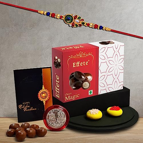 Image of DeoDap Rakhi Combo with Chocolate 32gm, Pooja Coin, Greeting Card & Tilak Set - Festival Gift for Your Brother, Complete 5-Item Hamper Set