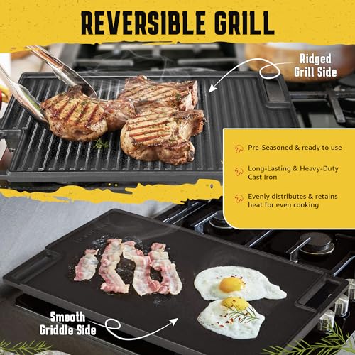 image for HeroFiber Cast Iron Reversible Grill/Griddle Set with Press, Scraper &