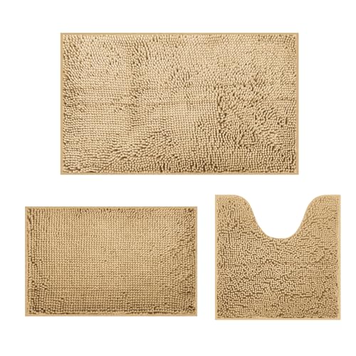 DTXDTech Lot de 3 Tapis de Salle de Bain antidérapants en Chenille 50 x 80 cm, 40 x 61 cm et Tapis de Toilette en Forme de U de 50,8 x 50,8 cm, Doux et...