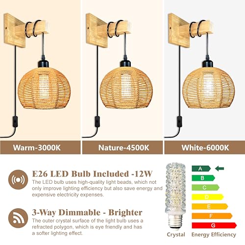 Image of Plug in Wall Sconces 3-Way Dimmable Crystal Bulb Included with Plug in Cord & Paper Woven Shade. Boho Rattan Wall Lamp Beside Reading Lighting for Living Room Bedroom(ZYWL - F01)