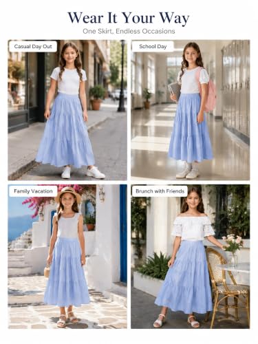 Image of Girls Tiered Maxi Skirt Boho Flowy Peasant Long Skirt for Kid 7-14
