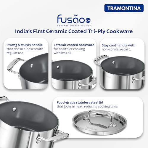 Image of Tramontina Fusao Healthy Triply Ceramic 30cm / 6.2L Casserole EX+ with SS 304 Lid | Stock Pot | Biryani Pot | Induction Friendly | Stay Cool Handle I 10 Year Warranty