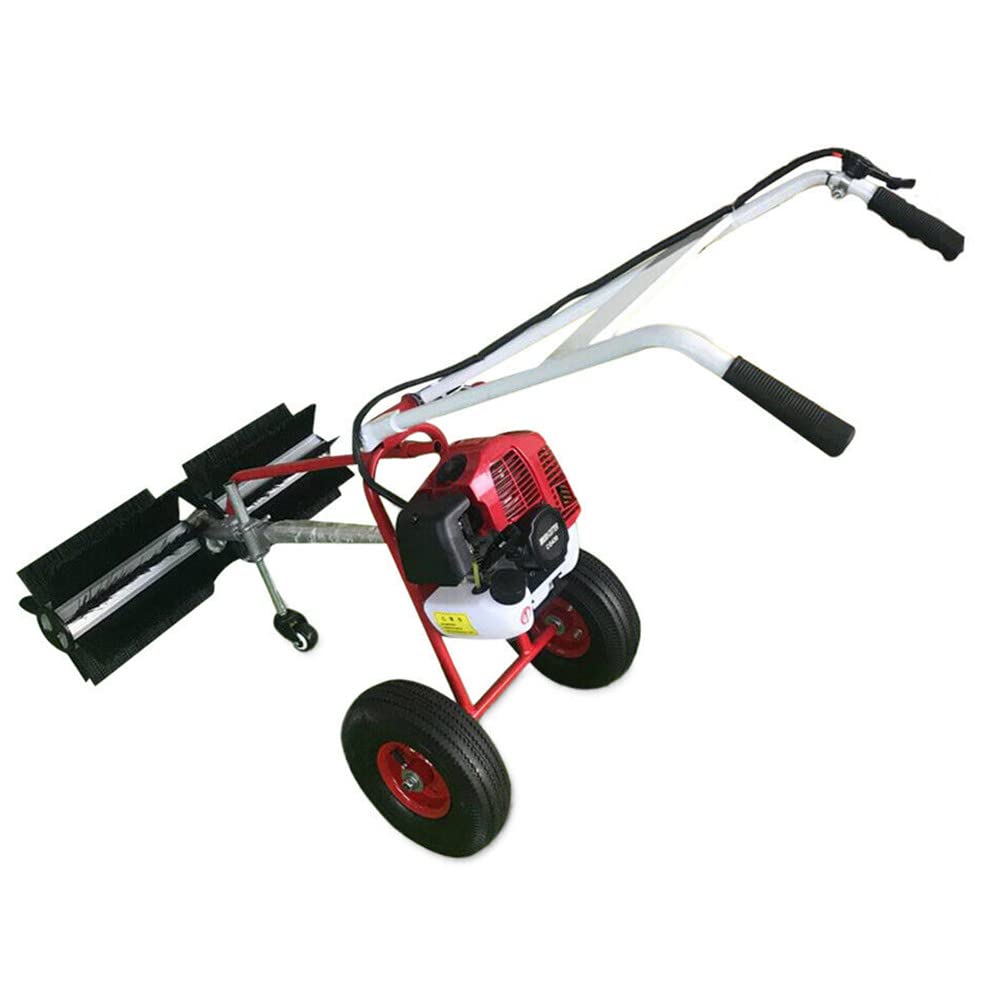 Eapmic 1.7HP 43CC Gas Powered Sweeper, fully assembled and ready for use on a green surface.