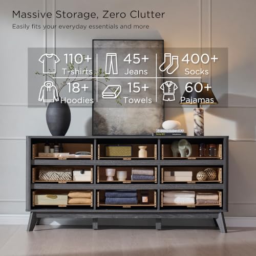 Image of T4TREAM 63 inch Wide Fluted 9 Drawer Dresser for Bedroom, Dark Alder