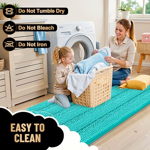 Image of OLANLY Thick Small Bathroom Rugs 24x16, Extra Soft Absorbent Chenille Striped Bath Rugs, Rubber Backing, Machine Wash, Bath Mats for Bathroom Floor, Tub and Shower, Home Decor Accessories, Teal