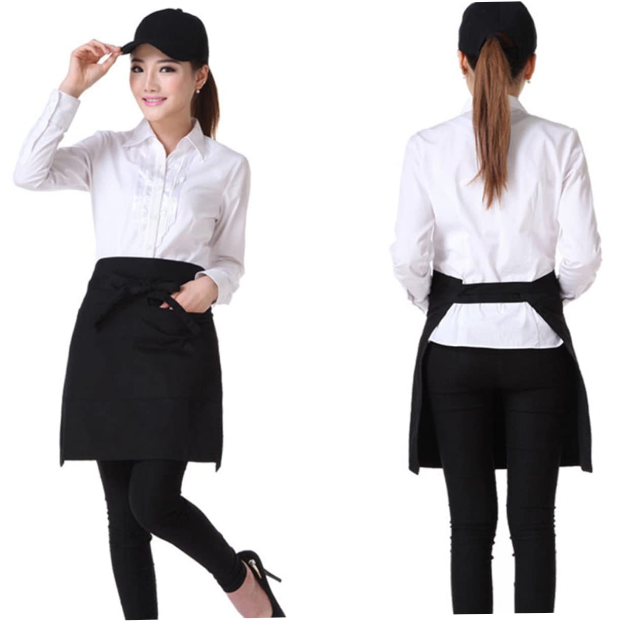 Unomor 1pc Barbecue Apron Waitress Apron Black Polyester Cotton Short Kitchen Apron Stain Resistant Apron