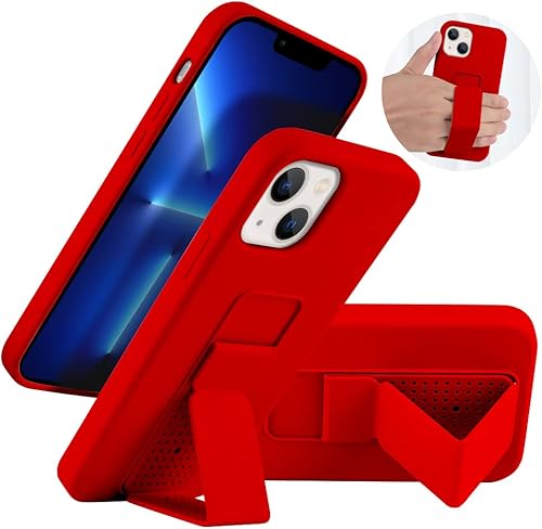 LAUDTEC Funda con Soporte de Silicona Compatible con iPhone 13, Soporte Vertical y Horizontal con Correa de Mano Cubierta con Soporte Metálico,