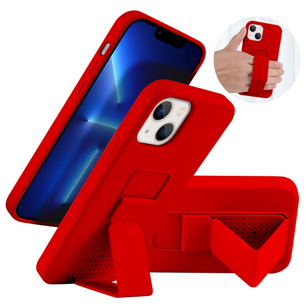LAUDTEC Silicone Kickstand Case Compatible with iPhone 13, Vertical and Horizontal Stand Hand Strap Metal Kickstand Cover, Flexible Soft Liquid