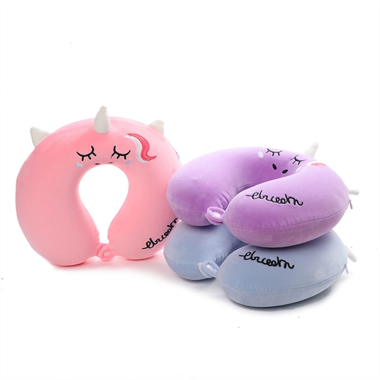 Gulfmew Lot de 4 oreillers et couvertures de voyage licorne pour enfants - Couverture en mousse à mémoire de forme - Oreiller tour de cou et masque pour les yeux - Sac