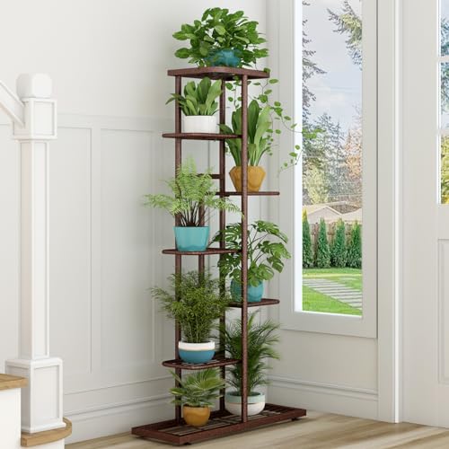 Image of LINZINAR Plant Stand Metal 7 Tier 8 Potted Multiple Flower Pot Holder Shelf Indoor Outdoor Planter Display Shelving Unit for Patio Garden Corner Balcony Living Room, Bronze