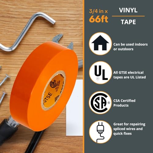 Image of GTSE Electrical Tape - Waterproof, Industrial Grade Vinyl, 3 /4 in x 66ft- Strong Self-Adhesive PVC Electric Tape for Wire Insulation, 7 Mil, 600V - UL /CSA Listed - Orange, 3 Rolls