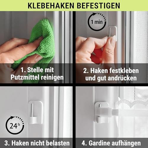 Rollina Gardinenstange ohne Bohren | 2x Vitragestange ausziehbar 100-150cm mit 4 Klebehaken für glatte Oberflächen | Scheibengardinenstange Küche Bad Fenster zum Kleben | Made in Germany