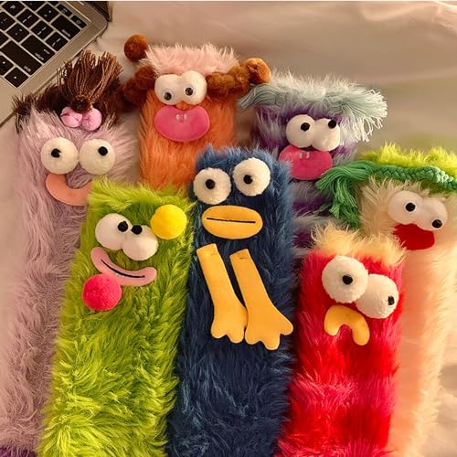 Image of Coral Velvet Cartoon Monster Funny Socks: 3D Novelty Warm & Cozy Fluffy Silly Socks for Women