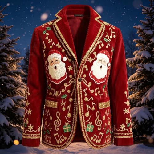 Men Christmas Santa Embroidery Blazer Corduroy Notched Lapel Suit Jacket - image 5