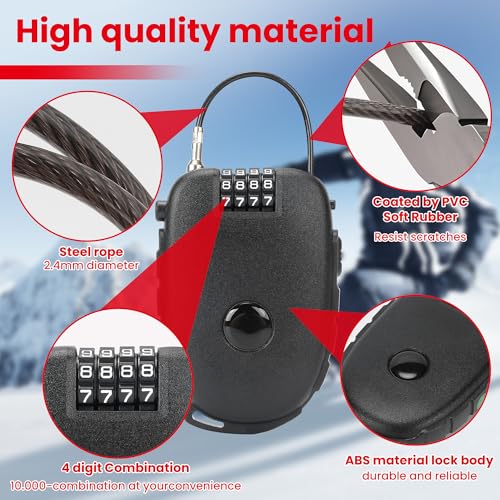 TOKCKYBL 4-Digit Combination Lock with 27.5 Inch Quickly Retractable Steel Cables - Keyless Security for Bike, Helmet, Ski, Snowboard, Stroller, Luggage, Door, Gate, Fences, Backpack & More