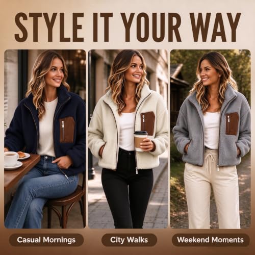 fartey Fleece Jacket Women Zip Up Warm Winter Coat Stand Collar Jackets - image 5