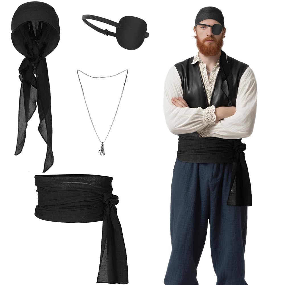4pcs Pirate Costume Accessory Set for Women Men Eye Patches Bandana Sash Belt Head Scarf Pendant Chain for Medieval Renaissance Fancy Dress Role Play Party Accessories Halloween Skull Skeleton Pendant