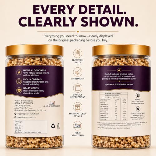 Image of RITUALS Premium Broken Walnut Kernels 500g | Walnuts Without Shell | Fresh Akhrot Giri | Natural Walnut Pieces | Healthy Dry Fruits | Rich in Omega-3, Protein & Fibre | Reusable Airtight Jar