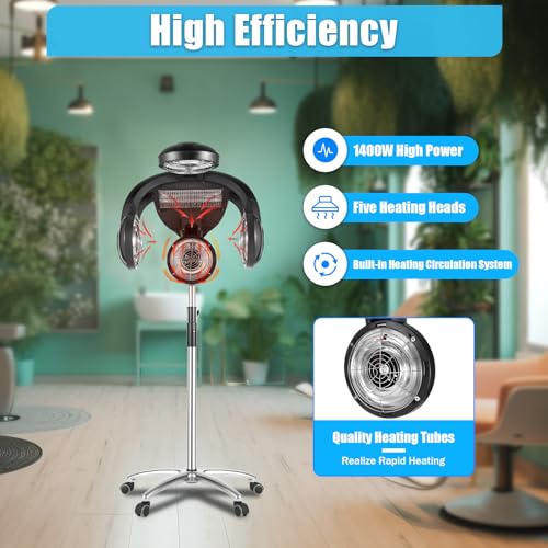 Sootvp 5-Head Infrared Light Heating Therapy Red Lamp, 110V 1400W Adjusting Height Hair Dryer, Hair Color Processor Infrared 5 Red Lights for Hair Salon