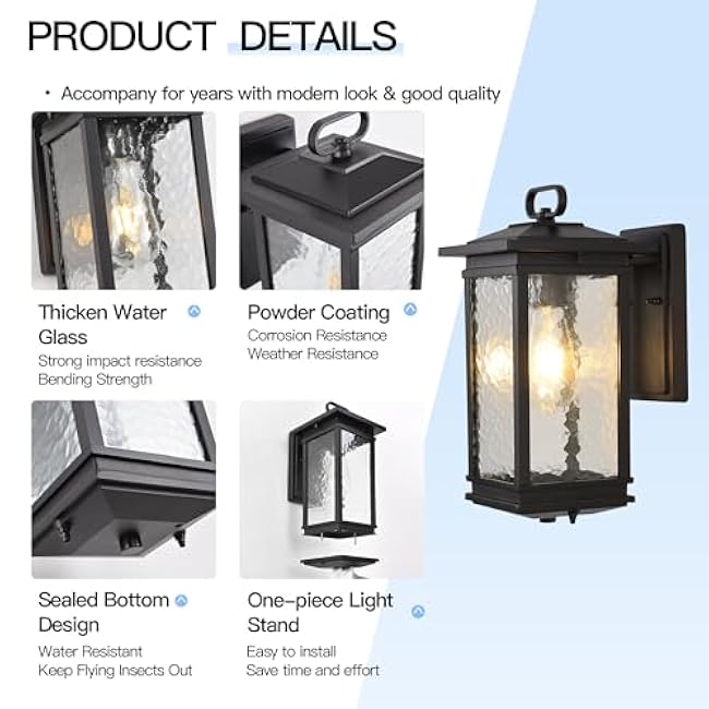 Large Outdoor Wall Lantern, Water Glass Exterior Wall Sconce Light Fixture, Matte Black Porch Light Wall Mount, Anti-Rust Aluminum Wall Lighting Fixtures for House, Garage, Patio
