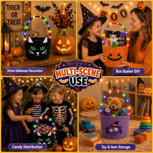 OIAHOMY Halloween Pumpkin Basket with LED Lights - Light Up Trick or Treat Bags for Toddlers & Kids, Soft Woven Cotton Rope Candy Bucket, Cute Reusable Boo Gift Basket for Holiday Party Decor Black - image 4