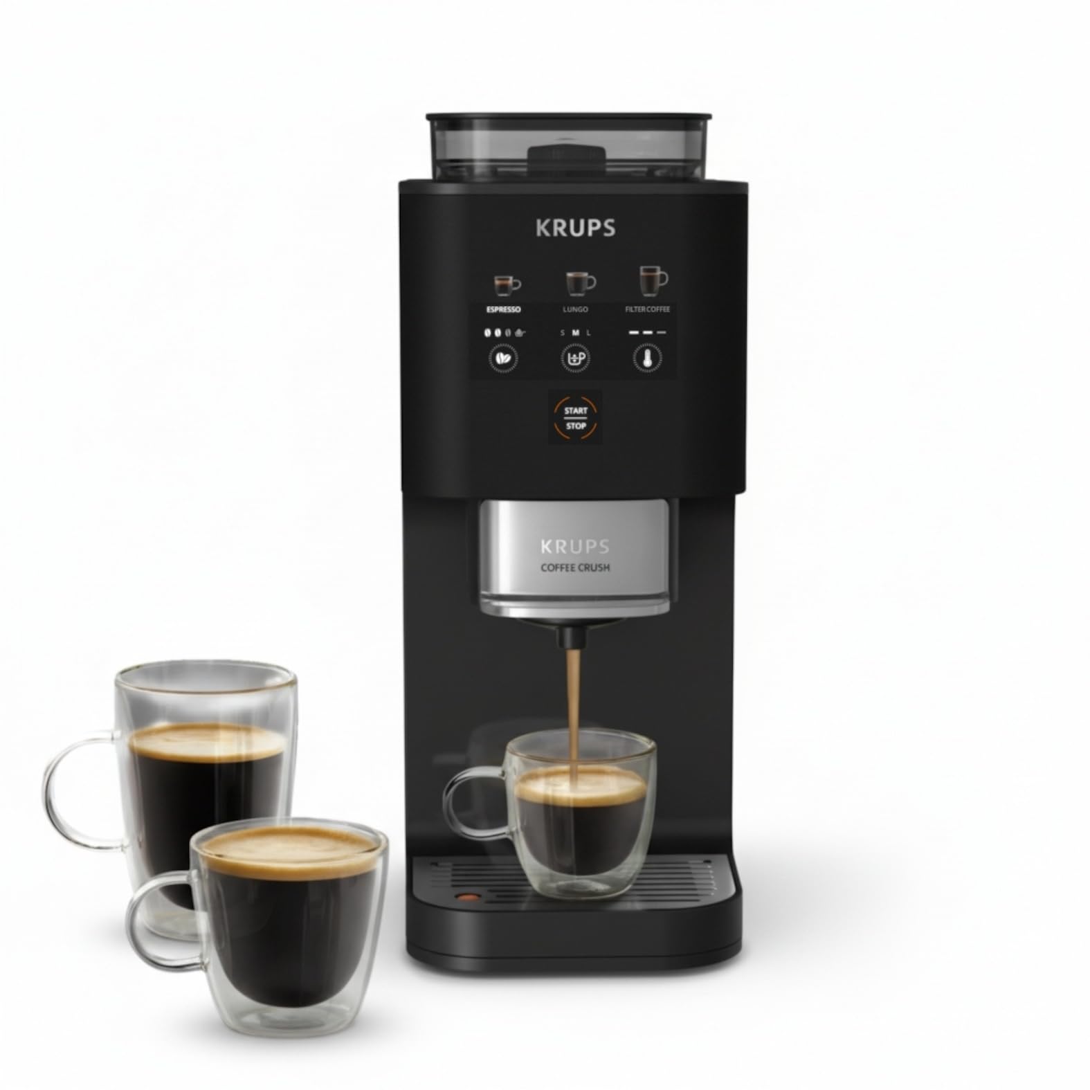 Krups Coffee Crush Extra Kaffeevollautomat, Edelstahlmühle für frisch gemahlenen Kaffee, nur 15 cm breit, smartes Bedienfeld, auch für vorgemahlenen Kaffee, einfache Reinigung, Schwarz, SA4028E0